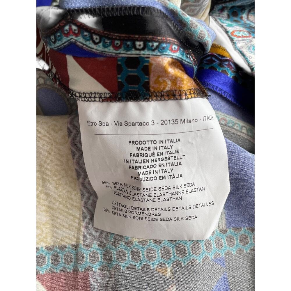 Etro Patchwork Cold Shoulder Dress Silk Paisley Cape Sleeve Blue Black 44 M US 8 - Picture 8 of 10